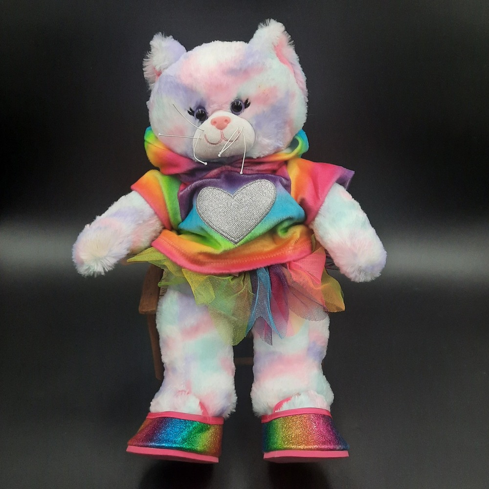Build A Bear Tie Dye Rainbow Heart Plush Stuffed Animal Cat